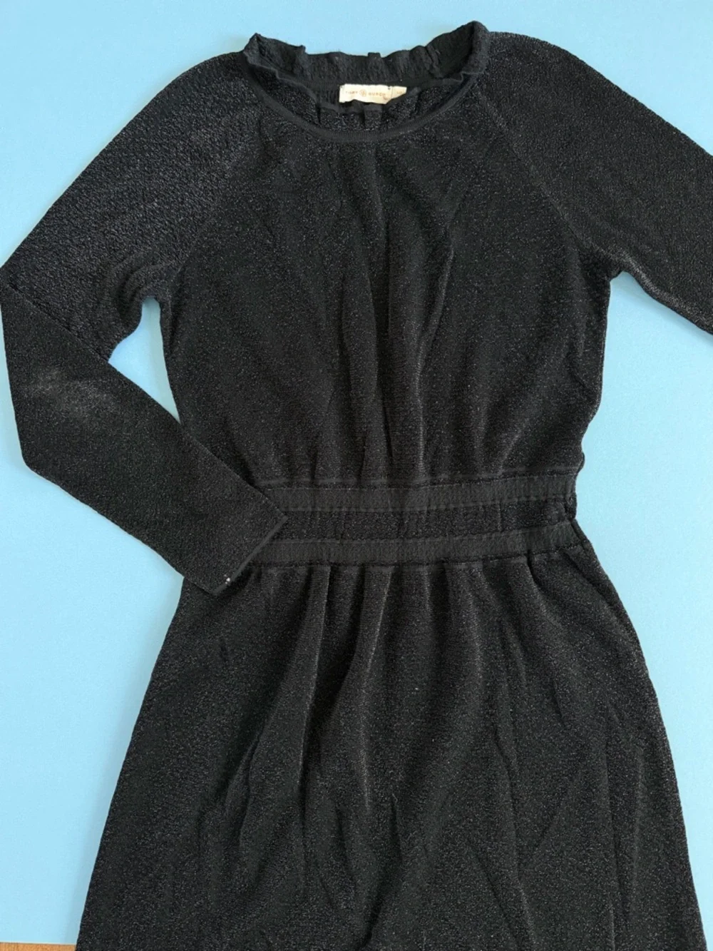Tory Burch Isabelle Blouson Ruffle Neck Black Metallic Knit‎ Wool Dress